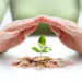 A pair of hands, positioned as if providing shelter, hover over a small green plant growing out of a pile of coins. The person, wearing a light green long-sleeve shirt, stands against a plain white background, emphasizing the concept of safe investments and financial growth. | LESSINVEST