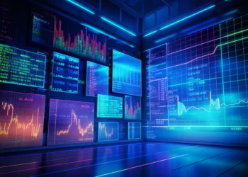 A futuristic financial trading room with multiple screens displaying real-time stock market data, charts, and graphs in vibrant neon colors. The room is illuminated with blue and purple lights, giving a high-tech and dynamic ambiance perfect for making savvy investment decisions. | LESSINVEST