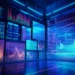 A futuristic financial trading room with multiple screens displaying real-time stock market data, charts, and graphs in vibrant neon colors. The room is illuminated with blue and purple lights, giving a high-tech and dynamic ambiance perfect for making savvy investment decisions. | LESSINVEST