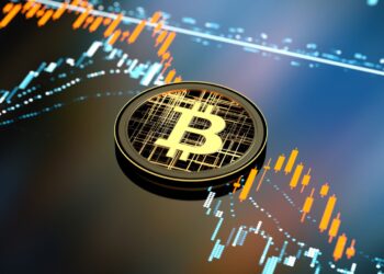 A golden Bitcoin symbol is displayed prominently on a dark surface, with colorful digital graphs and stock market charts in the background, indicating fluctuations in cryptocurrency values. The scene suggests the dynamic and volatile nature of investing in cryptocurrency trading. | LESSINVEST