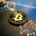 A golden Bitcoin symbol is displayed prominently on a dark surface, with colorful digital graphs and stock market charts in the background, indicating fluctuations in cryptocurrency values. The scene suggests the dynamic and volatile nature of investing in cryptocurrency trading. | LESSINVEST