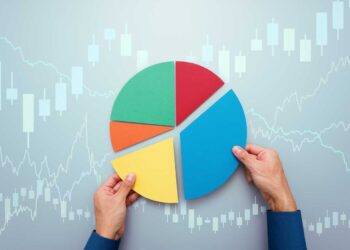 A person holding pieces of a multicolored pie chart against a background featuring various financial graphs and candlestick charts. The pie chart is divided into blue, yellow, orange, red, and green segments, illustrating how to achieve more return with less invest. The person's hands are positioning the pieces. | LESSINVEST
