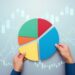 A person holding pieces of a multicolored pie chart against a background featuring various financial graphs and candlestick charts. The pie chart is divided into blue, yellow, orange, red, and green segments, illustrating how to achieve more return with less invest. The person's hands are positioning the pieces. | LESSINVEST