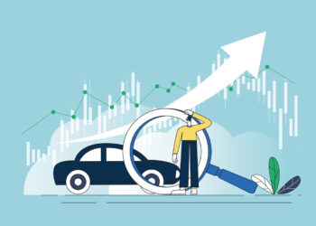 An illustration of a person standing under a giant magnifying glass, inspecting a car. Behind them, a large upward-pointing arrow and financial charts symbolize growth and how to build credit. There's a plant and feather nearby, all set against a blue background. | LESSINVEST