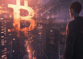 A person in silhouette overlooks a futuristic cityscape illuminated by neon lights and digital elements. A large, glowing Bitcoin symbol is prominently displayed in the city sky, reminding onlookers that transaction fees can impact your crypto returns in this technologically advanced setting. | LESSINVEST