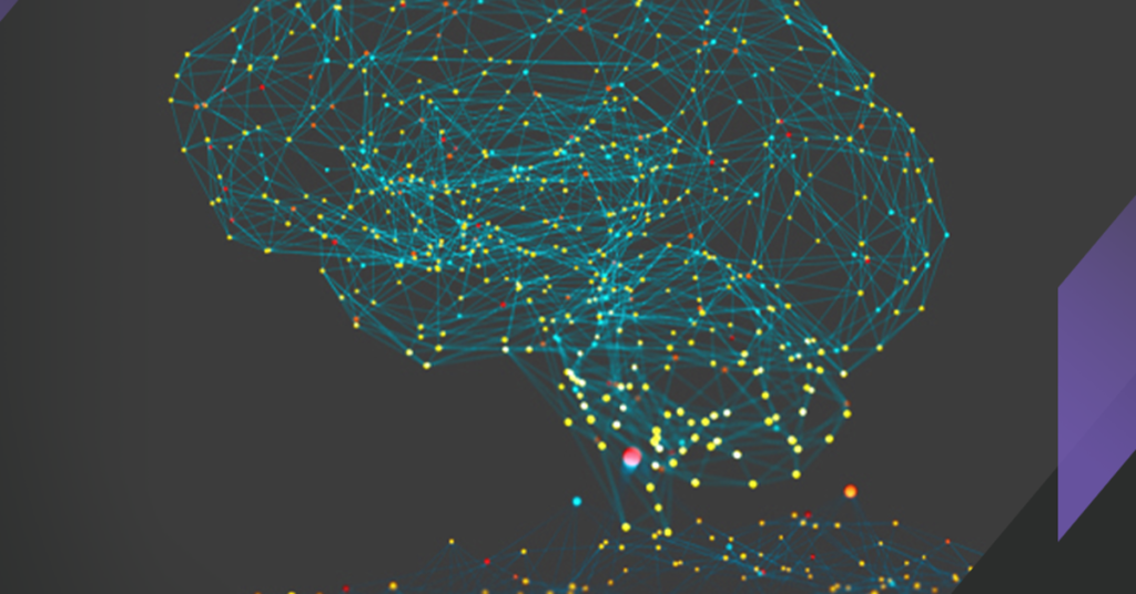 Abstract illustration of a neural network resembling the shape of a human brain, depicted with interconnected lines and nodes on a dark background. The lines and nodes are predominantly blue, with some nodes highlighted in yellow and red, giving a complex futuristic appearance. | LESSINVEST