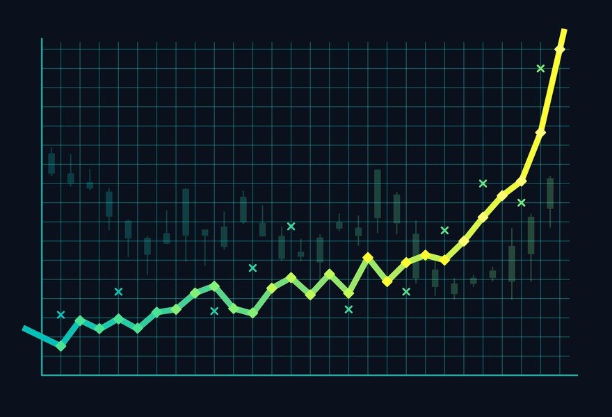 A graph with a dark background shows a rising yellow line indicating rapid growth. The line begins with a moderate incline, becomes flat in the middle, and then sharply trends upward. Green 'X' markers are scattered throughout the graph, highlighting data points. | LESSINVEST
