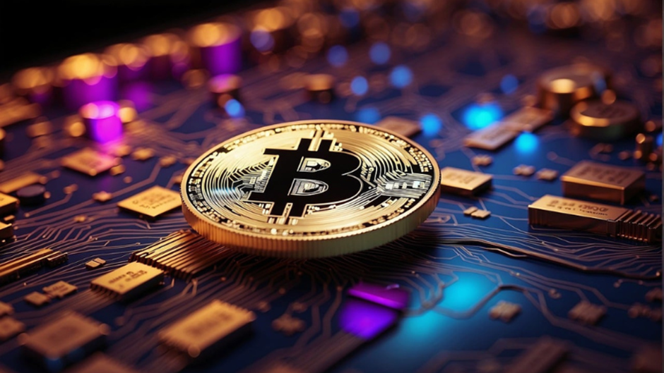 A glowing Bitcoin symbol coin lies on a blue circuit board, illuminated by vibrant purple, blue, and yellow lights. The intricate circuitry and colors evoke a futuristic, digital financial world. | LESSINVEST