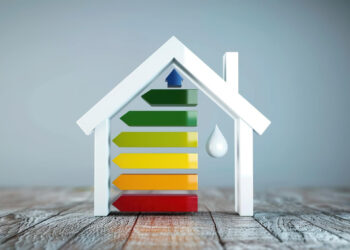 A house-shaped model illustrates how to make your home more energy efficient, featuring a vertical rating with colored bars from red at the bottom to green at the top. A water droplet symbol graces the right side, all set against a textured wooden surface. | LESSINVEST