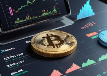 A smartphone displaying financial charts is docked, with a large gold Bitcoin coin resting on another screen showcasing crypto candlestick graphs and market data. The scene is set on a dark surface, exuding a tech-focused atmosphere. | LESSINVEST
