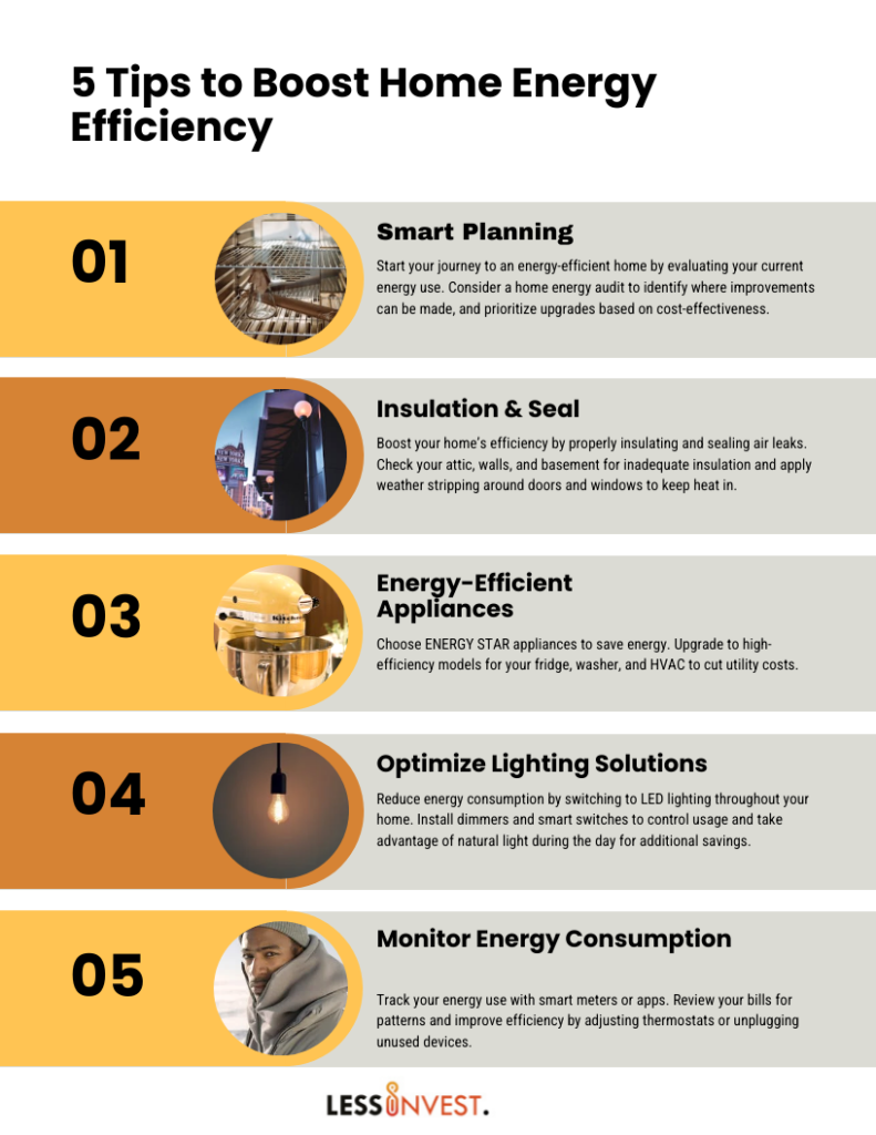 Infographic titled "5 Tips to Boost Home Energy Efficiency." Lists: 1. Smart Planning, 2. Insulation & Seal, 3. Energy-Efficient Appliances, 4. Optimize Lighting Solutions, 5. Monitor Energy Consumption. Includes brief descriptions for each tip. | LESSINVEST