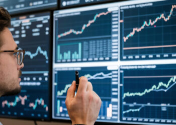 A person with glasses is analyzing multiple stock charts displayed on large screens. They are holding a pen and observing upward and downward trends on graphs, focusing on financial data and identifying stocks to invest in through detailed market analysis. | LESSINVEST