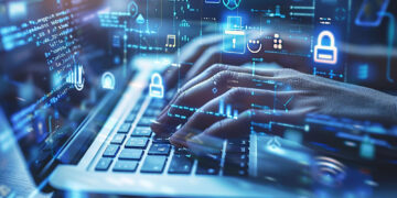 Hands typing on a laptop keyboard with holographic digital symbols, including locks and data streams, overlaying the scene, evoke cybersecurity and data protection concepts. This visual underscores the importance of knowing how to protect yourself online when gambling for safe digital exploration. | LESSINVEST
