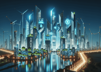 Futuristic cityscape at night with illuminated skyscrapers and digital screens showcasing modern investment strategies. Wind turbines spin gracefully as the river reflects bright neon lights, capturing a blend of advanced technology and sustainable energy. | LESSINVEST
