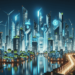 Futuristic cityscape at night with illuminated skyscrapers and digital screens showcasing modern investment strategies. Wind turbines spin gracefully as the river reflects bright neon lights, capturing a blend of advanced technology and sustainable energy. | LESSINVEST