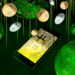 A smartphone displays a large golden Bitcoin symbol amidst a backdrop of floating gold, silver, and green Bitcoins, set against a dark green background. This striking image embodies the essence of crypto currencies and blockchain technology. | LESSINVEST