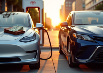 Two cars parked side by side as the sun sets. The silver car on the left, an electric model charging, prompts the question: Do Electric Cars Really Save Money? A stack of cash rests on its hood. On the right, a traditional blue car sits idly. Trees and buildings line the background. | LESSINVEST