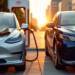 Two cars parked side by side as the sun sets. The silver car on the left, an electric model charging, prompts the question: Do Electric Cars Really Save Money? A stack of cash rests on its hood. On the right, a traditional blue car sits idly. Trees and buildings line the background. | LESSINVEST