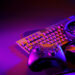 A gaming setup with a keyboard, mouse, game controller, and headphones glows under purple and blue lights on a dark surface, perfect for strategizing your next move to unlock the rarest skins in Valorant. | LESSINVEST