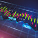 A digital financial chart showcases colorful candlesticks and line graphs on a dark background. Red and green bars highlight market trends, with numerical values emphasizing volatility in futures vs options trading, underscoring the liquidity dynamics within the market. | LESSINVEST