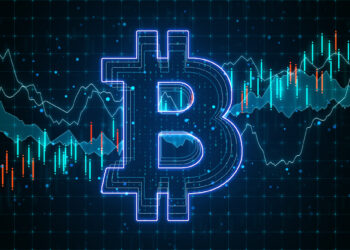 A glowing blue Bitcoin symbol is at the center of a digital grid, reminiscent of both Forex intricacies and cryptocurrency dynamics. Behind it, financial charts with green and red candlesticks illustrate market trends, hinting at trading strategies and market analysis. | LESSINVEST