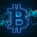 A glowing blue Bitcoin symbol is at the center of a digital grid, reminiscent of both Forex intricacies and cryptocurrency dynamics. Behind it, financial charts with green and red candlesticks illustrate market trends, hinting at trading strategies and market analysis. | LESSINVEST