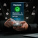 A person is using a smartphone with a holographic display showing a secure payment screen, seamlessly warding off cyber threats. Icons representing finance, shopping, and security surround the display. A laptop is partially visible on the right side. | LESSINVEST
