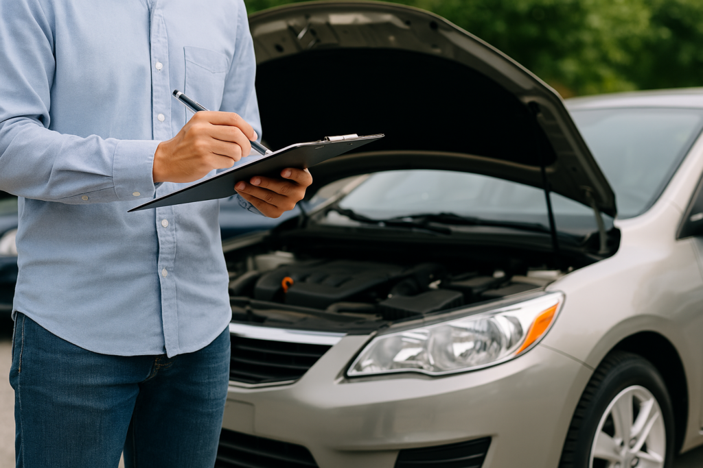 A person in a light blue shirt holds a clipboard and pen, standing in front of a silver car with its hood open, likely conducting an inspection before buying a used car. Trees provide a serene backdrop to this careful assessment of the vehicle's condition. | LESSINVEST