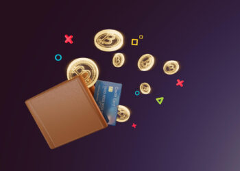 A brown wallet with a blue credit card and glowing bitcoin coins spilling out, surrounded by colorful geometric symbols on a dark background, illustrates the concept of minimum deposits in crypto casinos. | LESSINVEST