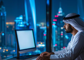 A man in traditional Middle Eastern attire works on a computer in a modern office with large windows overlooking a city skyline, highlighting how financial literacy matters in the UAE’s digital gambling age. | LESSINVEST