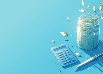 A glass jar with green leafy plants, a calculator, and a pen rest on a blue surface. Leaves are scattered around, and sunlight casts soft shadows, evoking calm while hinting at realistic financial tips for growth and mindful planning. | LESSINVEST