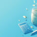 A glass jar with green leafy plants, a calculator, and a pen rest on a blue surface. Leaves are scattered around, and sunlight casts soft shadows, evoking calm while hinting at realistic financial tips for growth and mindful planning. | LESSINVEST