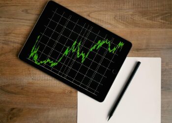 A tablet displaying a green fluctuating line graph rests on a wooden desk next to a blank sheet of paper and a black pen. | LESSINVEST