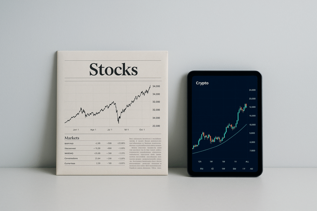 A newspaper titled "Stocks" showing a rising line graph sits next to a tablet displaying "Crypto" and Digital Assets charts with similar upward trends; both indicate financial market growth. | LESSINVEST