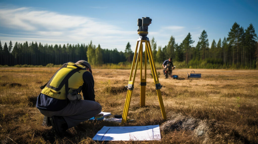 A person in a safety vest kneels on a grassy field, reviewing papers near a yellow tripod-mounted instrument used for Topographical Surveys. Another person and equipment are visible in the background, with dense trees bordering the open area. | LESSINVEST