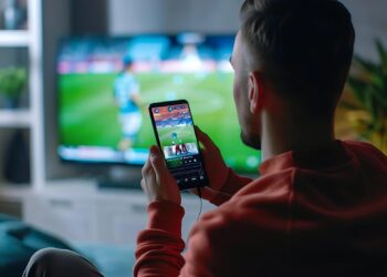A man watches soccer on TV while using a sports betting app on his smartphone in a living room.