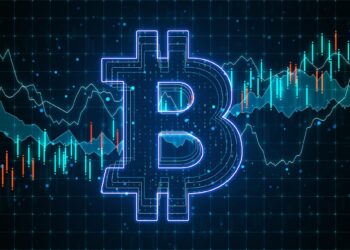 Glowing Bitcoin symbol overlaid on digital financial charts with candlestick and line graphs.