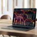 A laptop on a wooden table displays a colorful stock market chart with red, yellow, and orange lines and bar graphs, indicating fluctuating financial data in a modern, bright room. | LESSINVEST