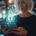 An older woman using a tablet indoors, with a glowing digital padlock icon hovering above the device, symbolizing cybersecurity or online privacy protection. Warm lighting and a blurred background are visible. | LESSINVEST