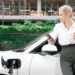 A woman in professional attire stands beside a white electric car being charged, holding a coffee cup and looking at her smartphone. Greenery and a modern building are visible in the background. | LESSINVEST