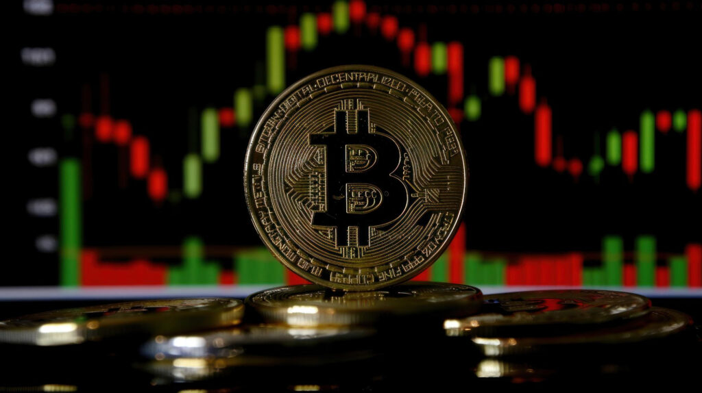 A gold-colored Bitcoin coin stands upright on a pile of other coins, with a chart showing red and green candlesticks on a dark screen in the background, indicating cryptocurrency market activity. | LESSINVEST