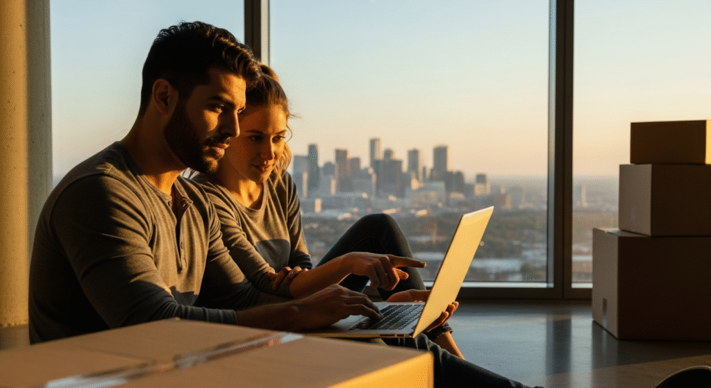 A man and woman sit together on the floor of a modern apartment with moving boxes around them, looking at a laptop. Large windows show a city skyline at sunset in the background. | LESSINVEST