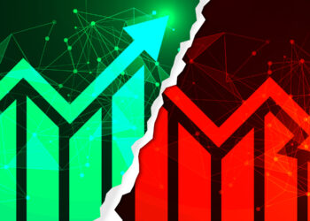 A graphic showing a torn split between a green upward arrow with network lines on the left, and a red downward arrow with network lines on the right, symbolizing a contrast between growth and decline. | LESSINVEST