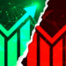 A graphic showing a torn split between a green upward arrow with network lines on the left, and a red downward arrow with network lines on the right, symbolizing a contrast between growth and decline. | LESSINVEST