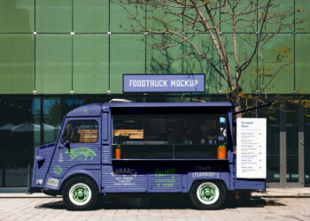 A blue food truck parked in front of a modern glass building, with a menu displayed on its side and "FOODTRUCK MOCKUP" sign above. The service window is open, and a tree with sparse branches is nearby. | LESSINVEST