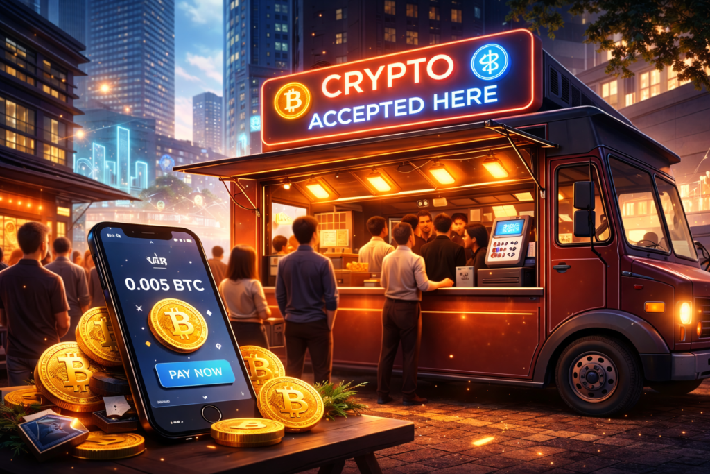 A food trailer with a "Crypto Accepted Here" sign serves a line of customers in a city at night. In the foreground, a smartphone displays a Bitcoin payment screen, surrounded by digital coin icons. | LESSINVEST