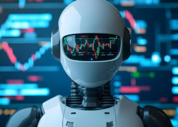 A humanoid robot with a reflective visor displays stock market charts, standing in front of multiple digital screens showing colorful financial graphs and data. | LESSINVEST