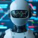 A humanoid robot with a reflective visor displays stock market charts, standing in front of multiple digital screens showing colorful financial graphs and data. | LESSINVEST