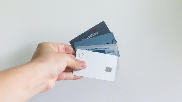 A hand holding four credit cards, including an Apple Card, an American Express card, and two other cards, fanned out against a plain white background. | LESSINVEST