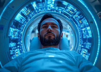 A man lies on his back inside a futuristic MRI or CT scanner with glowing blue digital interfaces, suggesting advanced medical technology in a clinical setting. | LESSINVEST